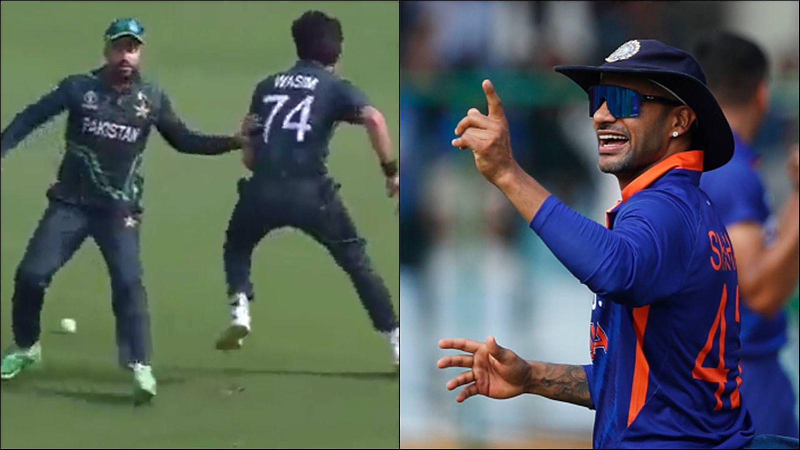 'Pakistan & fielding never ending love story': Shikhar Dhawan trolls Mohammad Nawaz, Mohammad Wasim Jr. for hilarious faux pas Pakistan fielders (left) and Shikhar Dhawan (right) (Screengrab: Hotstar and Getty Images)
