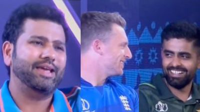 WATCH: Rohit Sharma shuts reporter with weird expression, robust reply on 2019 WC final rule question leaving Babar, Buttler chuckling India's skipper Rohit Sharma (left), England's captain Jos Buttler (centre) and Pakistan's skipper Babar Azam in this frame.