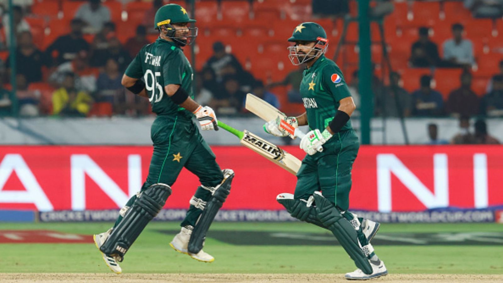 'Don't see them going that far:' Harbhajan Singh snubs Pakistan as semifinal contenders, says their 'batting looks very fragile' Babar Azam and Iftikhar Ahmed of Pakistan runs between the wickets during the ICC Men's Cricket World Cup India 2023 warm up match between Pakistan and Australia at Rajiv Gandhi International Stadium on October 3, 2023 in Hyderabad, India.
