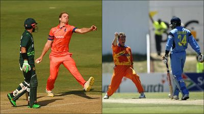 Like father, like son: Bas de Leede repeats Tim's World Cup 2003 feat with four-wicket haul against Pakistan Bas de Leede (left) and father Tim (right) (Getty Images)