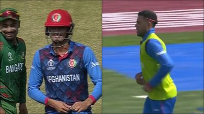 Watch: Amidst collapse Afghanistan's Mujeeb Ur Rahman forgets to wear abdomen guard, leaves Bangladesh players in splits Mujeeb Ur Rahman's comical moment against Bangladesh (Screengrab: Hotstar)