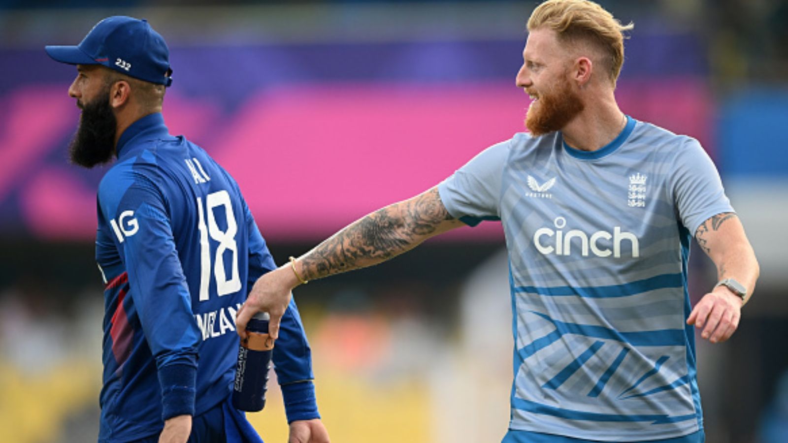 Ben Stokes likely to miss England's ODI World Cup clash against Bangladesh Ben Stokes of England offers Moeen Ali of England a water bottle during the ICC Men's Cricket World Cup India 2023 warm up match between England and Bangladesh at Barsapara Cricket Stadium on October 02, 2023 in Guwahati, India.