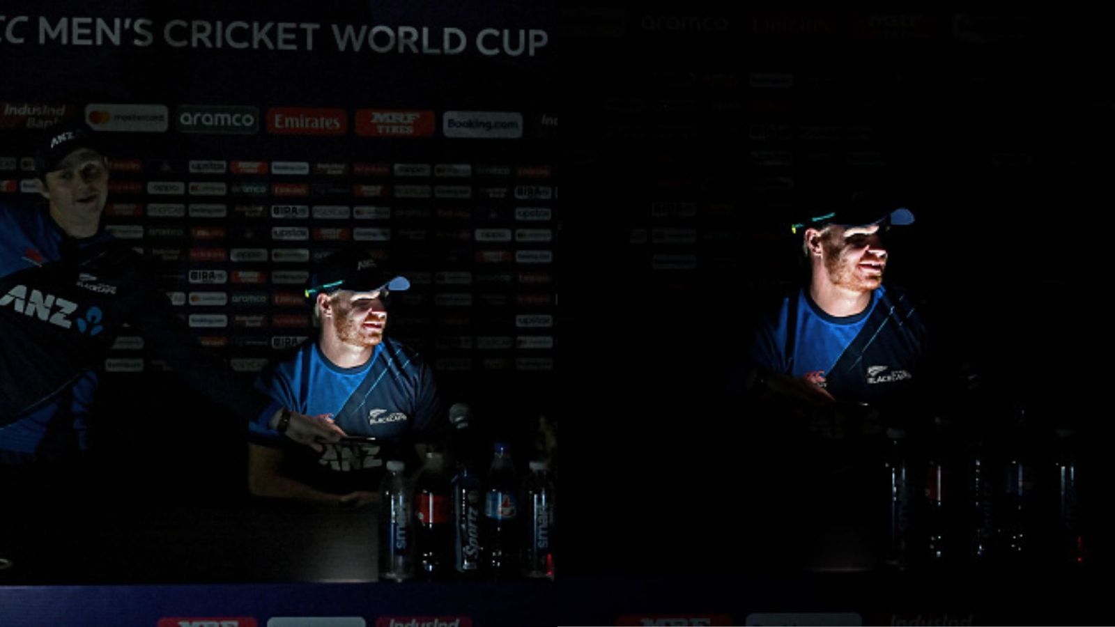 Glenn Phillips victim of power cut during press meet ahead of Netherlands match, ICC shares post with hilarious photos, caption Glenn Phillips of New Zealand continues his press conference during a power cut during a New Zealand Nets session at the ICC Men's Cricket World Cup India 2023 at Rajiv Gandhi International Stadium on October 08, 2023 in Hyderabad, India.
