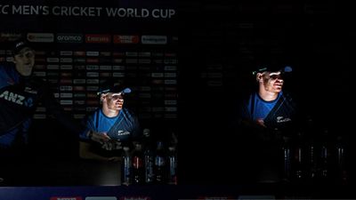 Glenn Phillips victim of power cut during press meet ahead of Netherlands match, ICC shares post with hilarious photos, caption Glenn Phillips of New Zealand continues his press conference during a power cut during a New Zealand Nets session at the ICC Men's Cricket World Cup India 2023 at Rajiv Gandhi International Stadium on October 08, 2023 in Hyderabad, India.