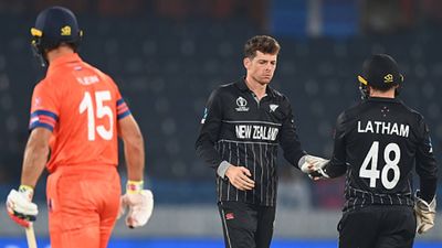 Mitchell Santner's record fifer bowls out Netherlands for 223, New Zealand continue winning run with 99-run win in Hyderabad Mitchell Santner celebrates a wicket against Netherlands (Getty Images)