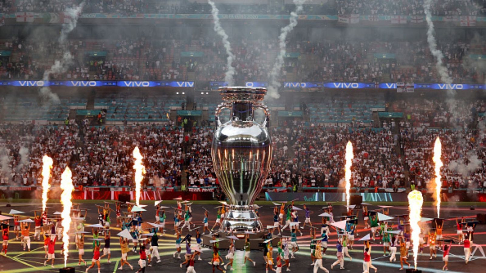 UEFA Euros: UK , Ireland set to host 2028 edition; Italy-Turkey selected for 2032 European Championship A general view inside the stadium as a large replica of The Henri Delaunay Trophy is seen whilst performers dance inside the stadium prior to the UEFA Euro 2020 Championship Final between Italy and England at Wembley Stadium on July 11, 2021 in London,