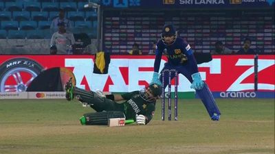 Mohammad Rizwan hits a six and then falls on the pitch, commentator says 'get him in the movies' Mohammad Rizwan falls on the ground after hitting a six (Screengrab: Hotstar)