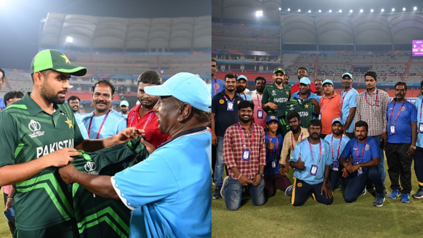 Watch: Babar Azam's sincere jersey gesture toward ground staff in Hyderabad wins hearts of fans; video goes viral Babar Azam of Pakistan interacts with the groundstaff following the ICC Men's Cricket World Cup India 2023 between Pakistan and Sri Lanka at Rajiv Gandhi International Stadium on October 10, 2023 in Hyderabad, India.