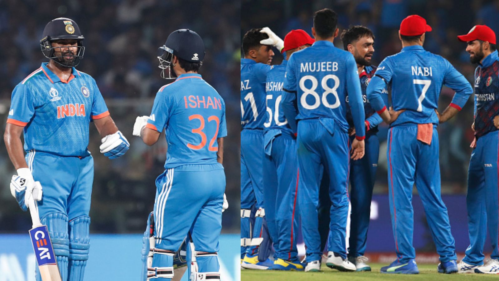 Record-breaking Rohit Sharma's monstrous hitting on Delhi's batting paradise blows Afghanistan away, India boost NRR with 8-wicket win Ishan Kishan and Rohit Sharma of India interact during the ICC Men's Cricket World Cup India 2023 between India and Afghanistan at Arun Jaitley Stadium on October 11, 2023 in Delhi, India.