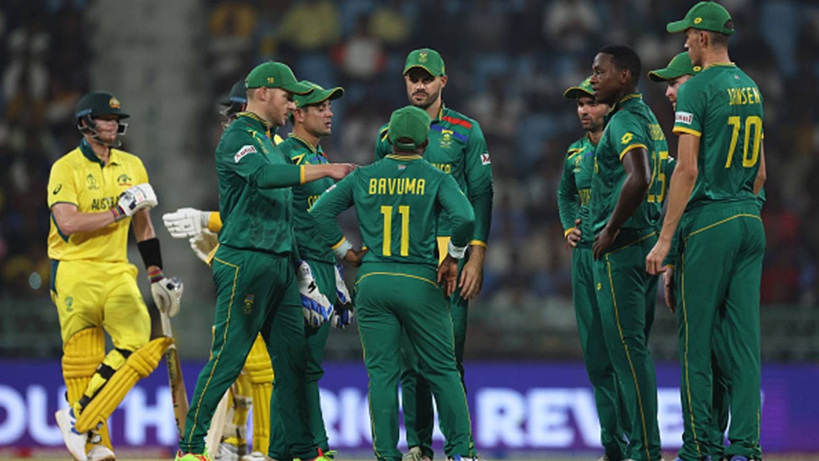 AUS vs SA: After Quinton de Kock's ton, Australian batters surrender again as they suffer their biggest defeat in World Cup South Africa players celebrate Steve Smith's wicket (Getty Images)