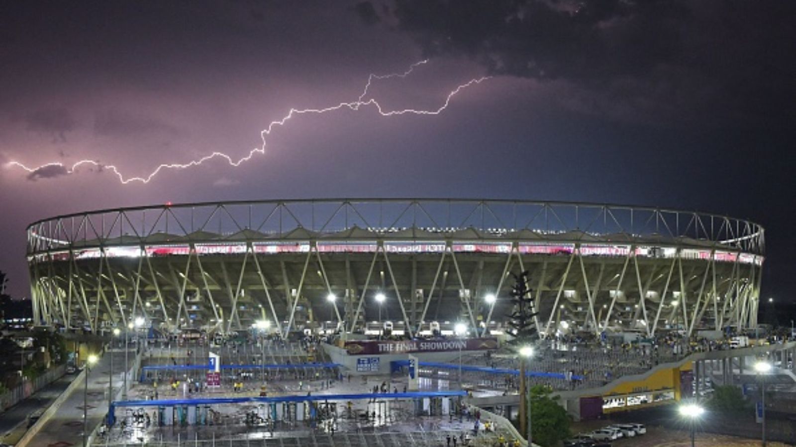 IND vs PAK, ODI World Cup Weather Report: Chances of heavy rains threaten to spoil India-Pakistan mega clash? Lightning strikes over the Narendra Modi Stadium during the Indian Premier League (IPL) Twenty20 final cricket match between Gujarat Titans and Chennai Super Kings in Ahmedabad on May 29, 2023. Rain halted play in the Indian Premier League final in