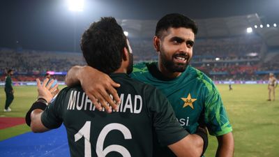 IND vs PAK, ODI World Cup: From solo records to beating Ricky Ponting; 10 records to the name of Babar Azam aka 'Bobby' Mohammad Rizwan and Babar Azam of Pakistan celebrate following the ICC Men's Cricket World Cup India 2023 between Pakistan and Sri Lanka at Rajiv Gandhi International Stadium on October 10, 2023 in Hyderabad, India.