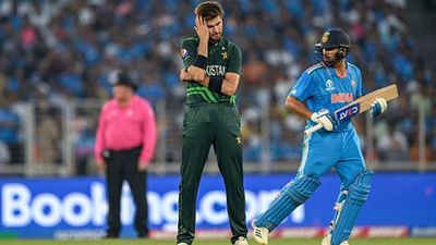 IND vs PAK: Babar Azam-led Pakistan surrender as Rohit Sharma roars in Ahmedabad to make it 8-0 in World Cup Shaheen Afridi reacts after Rohit Sharma hits a shot (Getty Images)