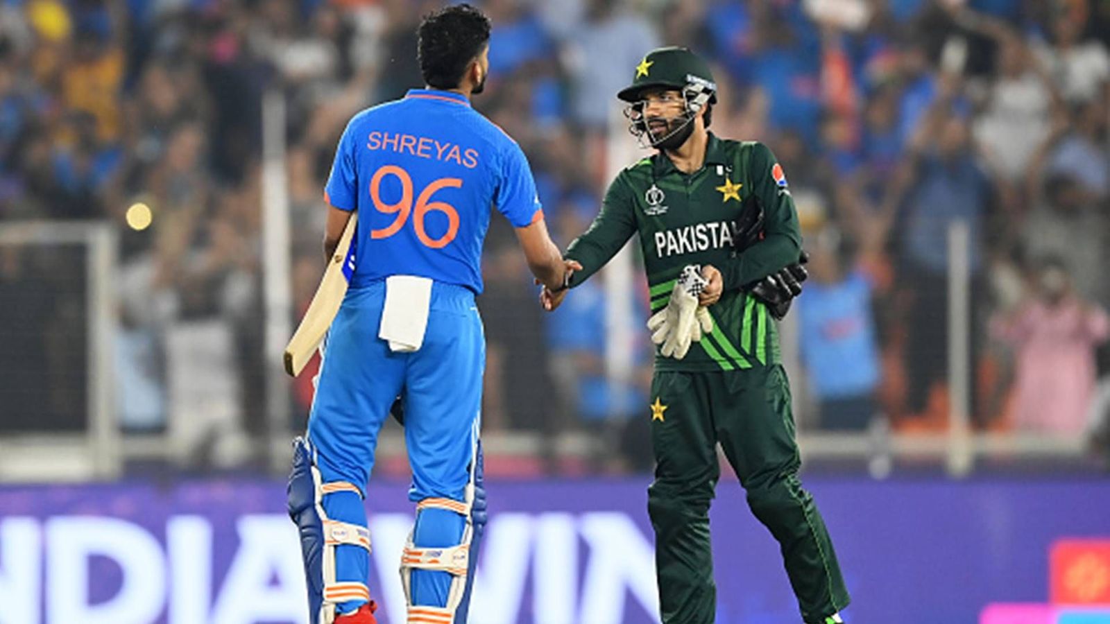‘Happy Pakistan was unable to attribute its victory to terrorists of Hamas': Israel's ambassador in India lauds big win in Ahmedabad Shreyas Iyer shakes Mohammad Rizwan's hand after India's 7-wicket win (Getty Images)