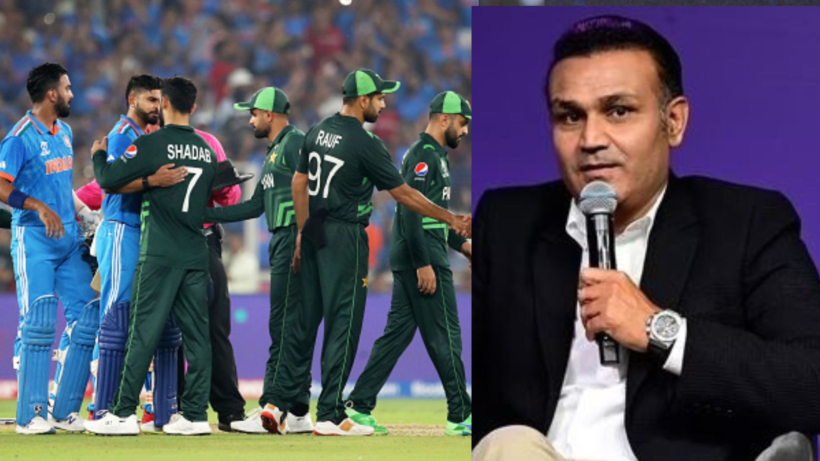 IND vs PAK: Virender Sehwag describes Babar Azam-led Pakistan's demolition against India as 'Big Boys vs School Kids' India players celebrate and shake hands with Pakistan players after the team's victory during the ICC Men's Cricket World Cup India 2023 between India and Pakistan at Narendra Modi Stadium on October 14, 2023 in Ahmedabad, India.