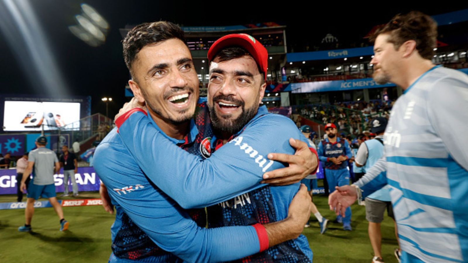 AFG vs ENG: Sachin Tendulkar lauds Afghanistan for blistering upset, highlights where England went wrong, '...read them off the pitch instead' Mujeeb Ur Rahman and Rashid Khan of Afghanistan celebrate following the ICC Men's Cricket World Cup India 2023 between England and Afghanistan.