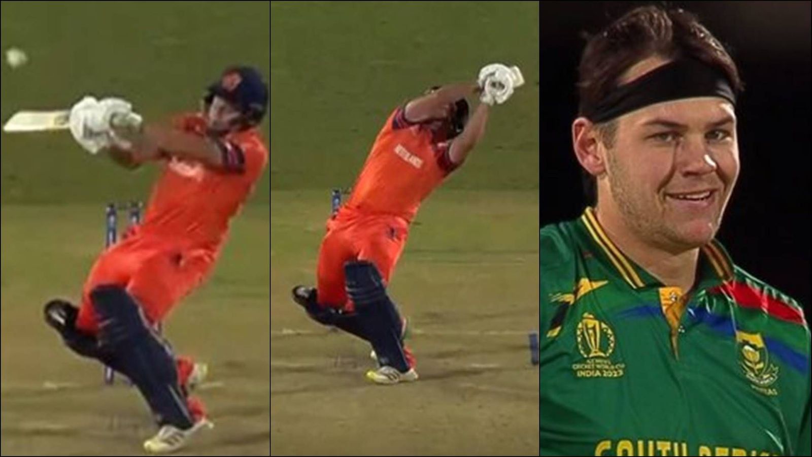'Helicopter shot ultra pro max': Netherlands all-rounder's ridiculous slash brings smile to Proteas bowler's face, watch viral video Reolof van der Merwe plays an uppercut shot (Screengrab: Hotstar)