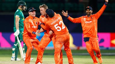 Netherlands turn ‘Giant Slayer’ again, choke South Africa to create history with 38-run win in Dharamsala Logan van Beek celebrates David Miller's wicket with teammates in Dharamsala (Getty Images)