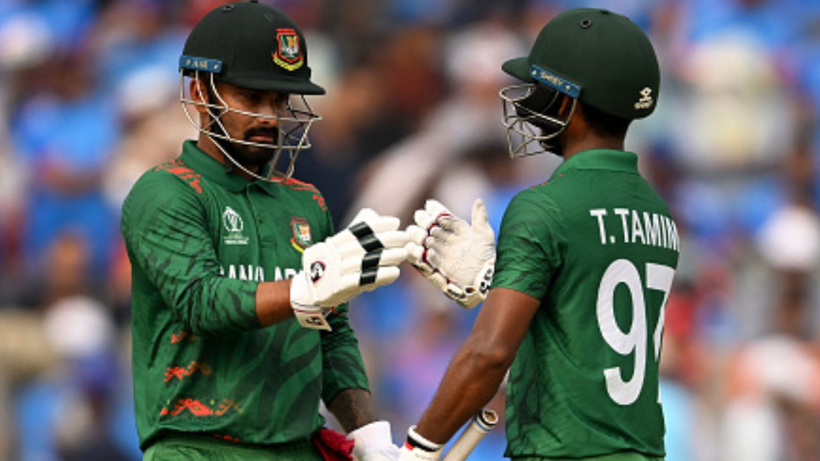 IND vs BAN: Tanzid Hasan and Litton Das script history, shatter 24-yr-old partnership record for Bangladesh in World Cup Tanzid Hasan of Bangladesh celebrates their half century with team mate Litton Das during the ICC Men's Cricket World Cup India 2023 between India and Bangladesh at MCA International Stadium on October 19, 2023 in Pune, India.