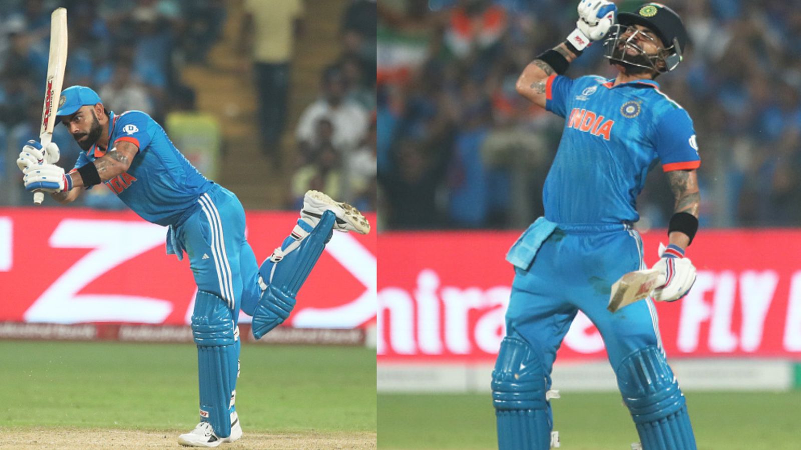 Virat Kohli bests Sachin Tendulkar to become fastest to record 26000 international runs Virat Kohli of India celebrates their century as they hit the winning runs during the ICC Men's Cricket World Cup India 2023 between India and Bangladesh at MCA International Stadium on October 19, 2023 in Pune, India.