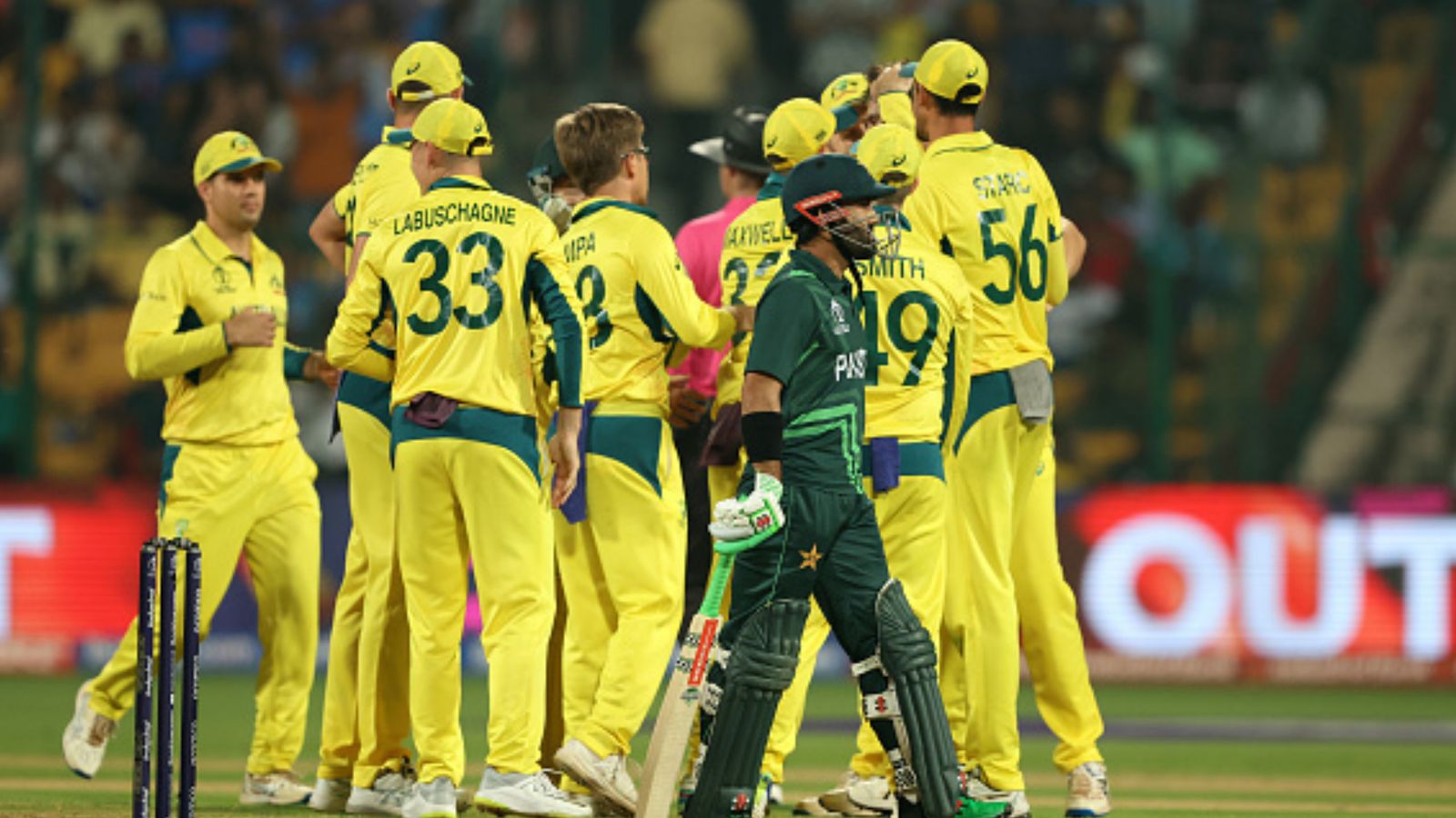 PAK vs AUS: Pakistan fail to recover from India's hammering, surrender to Australia in mammoth runs chase as Warner, Marsh, Zampa dazzle Pat Cummins and Adam Zampa of Australia celebrates the wicket of Babar Azam of Pakistan as team mate Mohammad Rizwan looks on during the ICC Men's Cricket World Cup India 2023 between Australia and Pakistan at M. Chinnaswamy Stadium on October 20, 2023