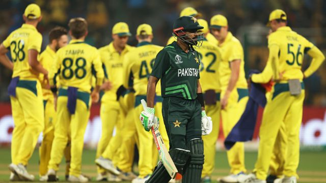 EXPLAINED: How can Babar Azam's Pakistan still make it to ODI World Cup's semifinals after Australia drubbing Babar Azam of Pakistan makes their way off after being dismissed during the ICC Men's Cricket World Cup India 2023 between Australia and Pakistan at M. Chinnaswamy Stadium on October 20, 2023 in Bangalore, India.