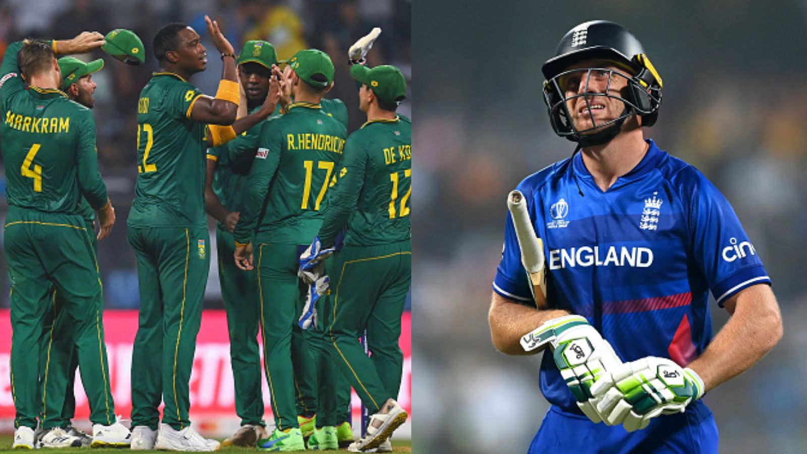 Jos Buttler left shattered after England's nightmarish defeat against South Africa, says 'Incredibly disappointing. We're well beaten' South African players (left) and England skipper Jos Buttler in this frame.