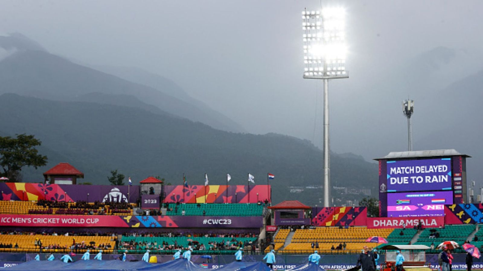 India vs New Zealand Weather Report: Top of the table clash in beautiful Dharamsala to be hurt by rains and thunderstorms? File pic of HCPA Stadium in Dharamsala of a match delayed by rain. (Getty Images)