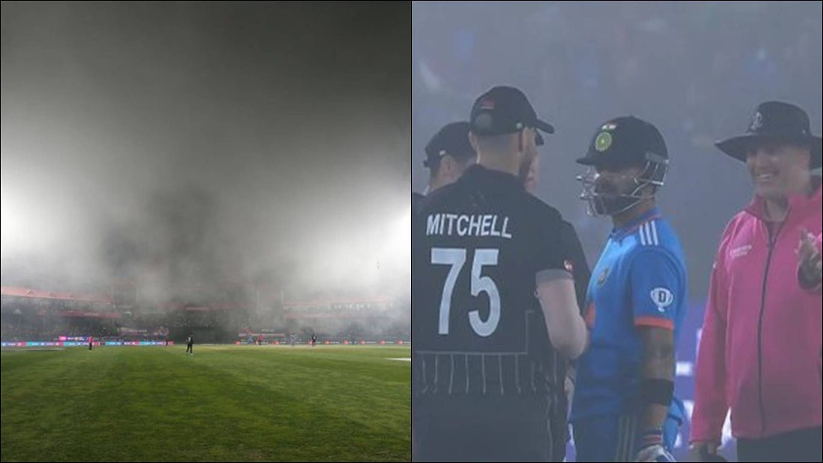 IND vs NZ: Fog engulfs Dharamsala stadium to halt India's run chase, first instance of bizarre stoppage in World Cup Players and umpires having a conversation as fog engulfs Dharamsala stadium (Getty Images, Screengrab: Hotstar)