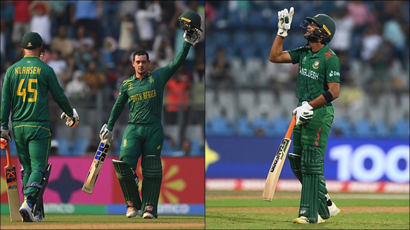 De Kock, Klaasen's carnage-filled knocks dampen Mahmudullah's record ton, South Africa beat Bangladesh by 149 runs to claim 2nd spot Quinton de Kock and Mahmudullah celebrate their respective centuries (Getty Images)
