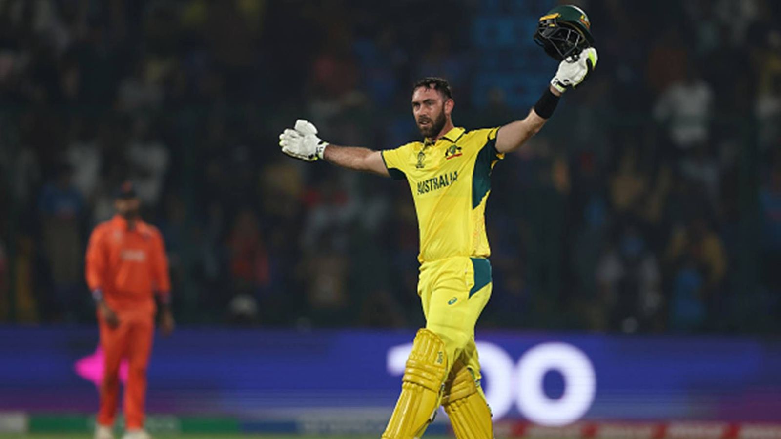 Glenn Maxwell breaks Aiden Markram's fastest World Cup century record just 18 days later, smashes 40-ball ton in Delhi Glenn Maxwell celebrates the fastest century in ODI World Cup history (Getty Images)