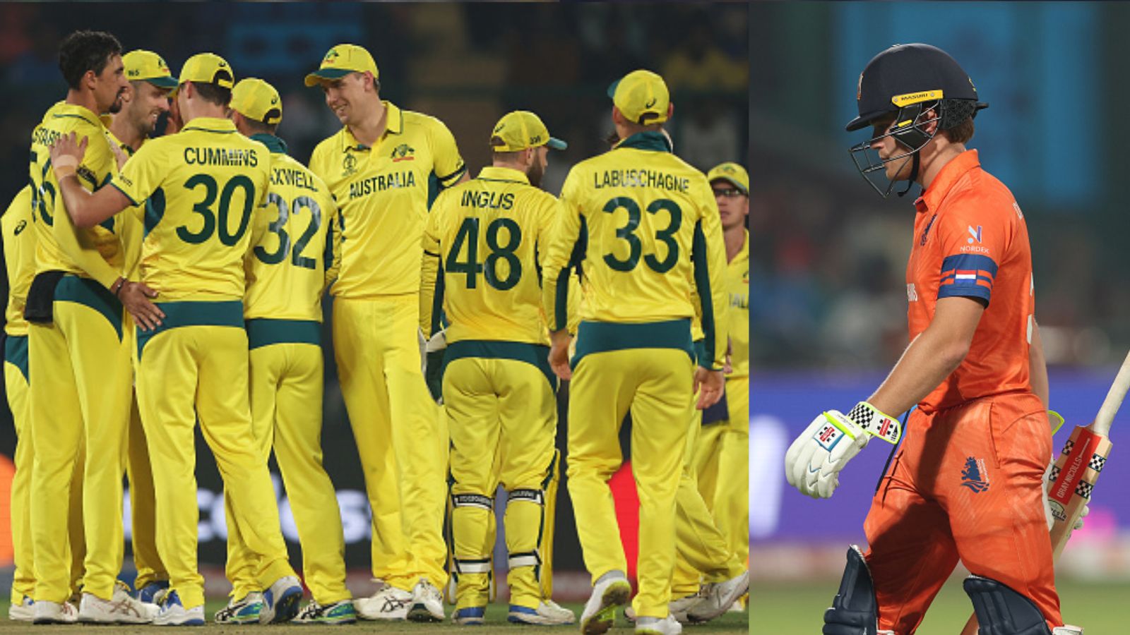 Australia register biggest win in history of World Cup; Maxwell, Warner, Zampa star in colossal 309-run win over Netherlands Australian players (left) and Netherlands' Bas de Leede in this frame.