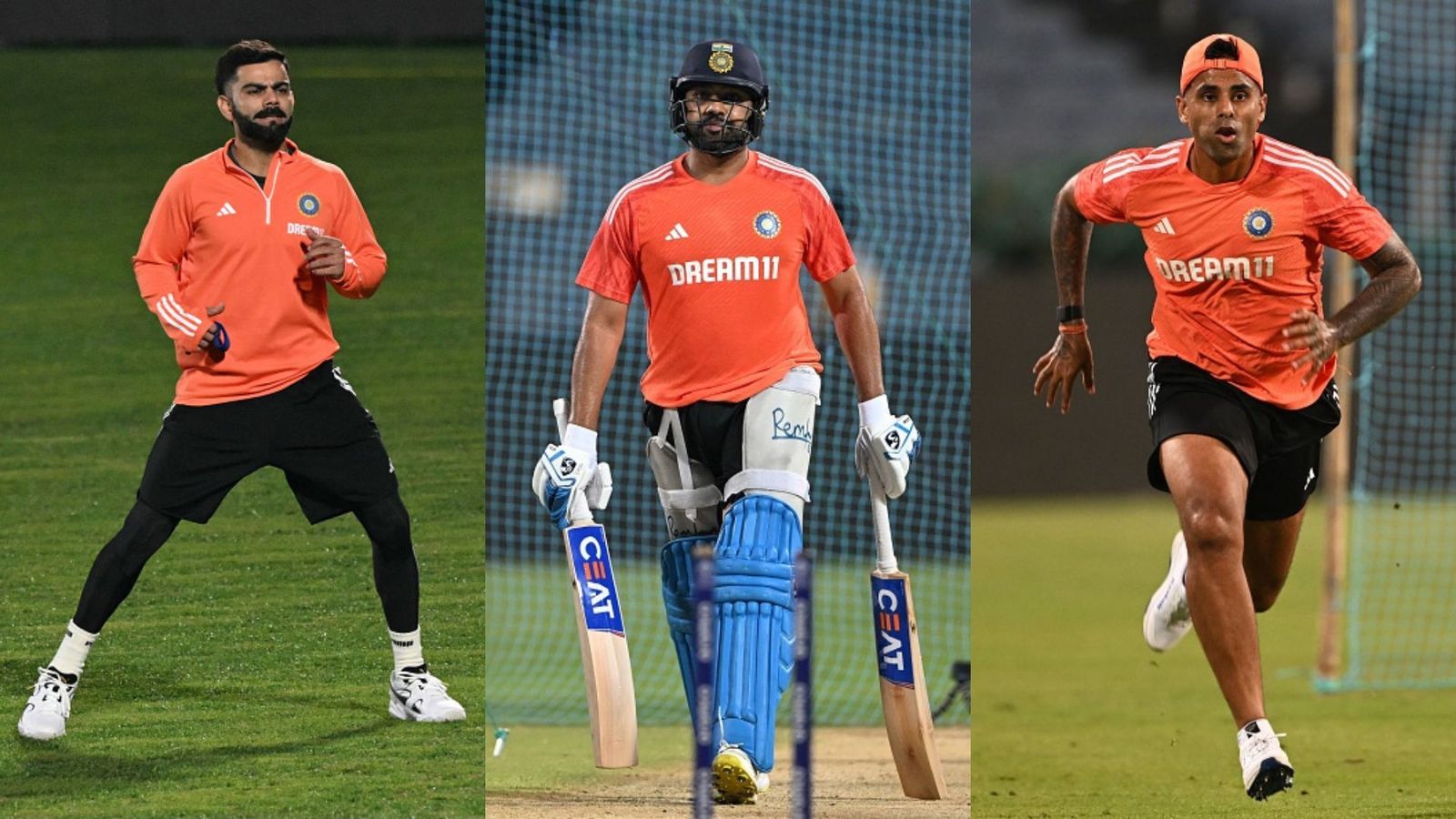 Team India practice update: Kohli bowls to captain Rohit in the nets, Suryakumar and Gill also roll their arm over Virat Kohli (L), Rohit Sharma (C) and Suryakumar Yadav (R).