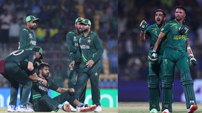 ‘Had umpire given it out..’: Babar Azam after Pakistan's dramatic one-wicket loss to South Africa Pakistani players (left) and South Africa's Tabraiz Shamsi and Keshav Maharaj celebrate after South Africa's one wicket victory.