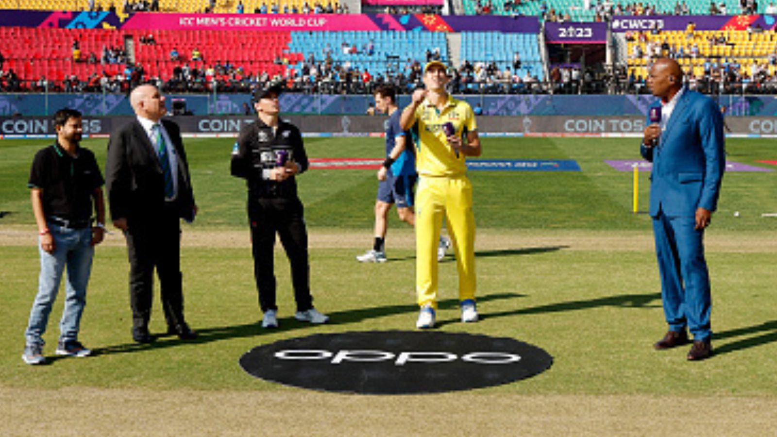 AUS vs NZ: Travis Head returns to Australia Playing XI at Cameron Green's expense and New Zealand bowl first; Check Playing XIs here Australia and New Zealand skippers Pat Cummins and Tom Latham during the toss. (Getty Images)