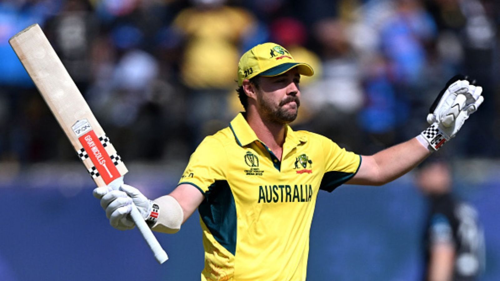 AUS vs NZ: Injury returnee Travis Head turns up the heat in Dharamsala with 59-ball ton as New Zealand bowlers left stunned Travis Head celebrates his century against New Zealand in the World Cup 2023.