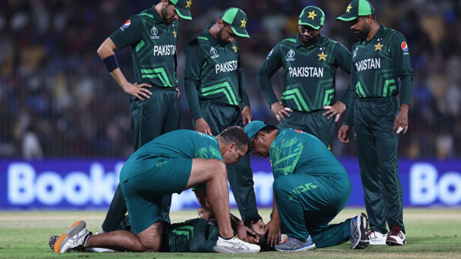 Did Shadab Khan fake his injury against South Africa? 2 ex-pacers make stunning revelation, claim 'he played with emotions of 24 crore Pakistani people' Shadab Khan of Pakistan receives medical attention during the ICC Men's Cricket World Cup India 2023 between Pakistan and South Africa at MA Chidambaram Stadium on October 27, 2023 in Chennai, India.