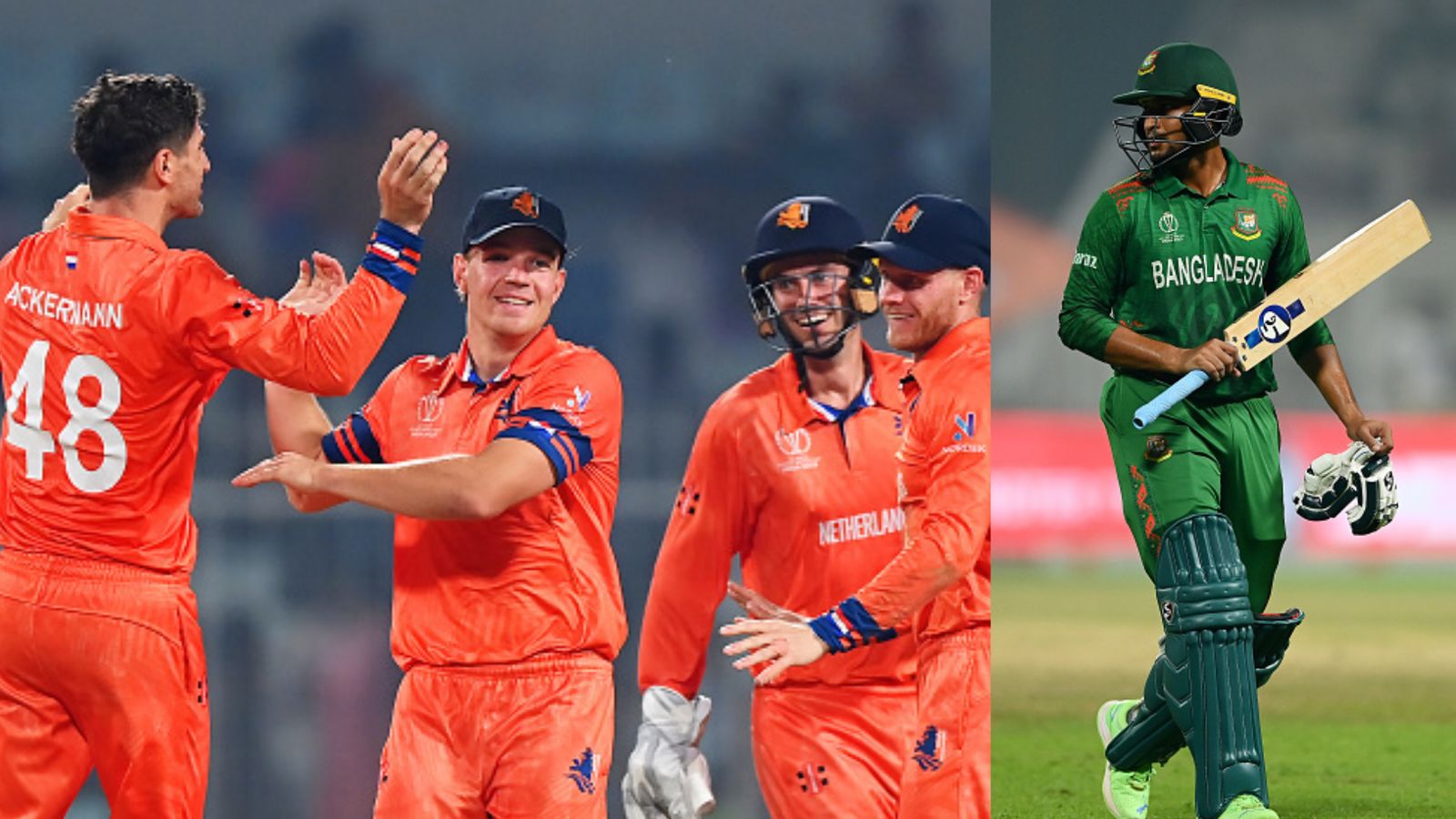 Netherlands cause another upset, knock out Bangladesh from World Cup with crushing 87-run victory in low-scoring contest Netherlands players (left) and Bangladesh skipper Shakib Al Hasan in this frame.