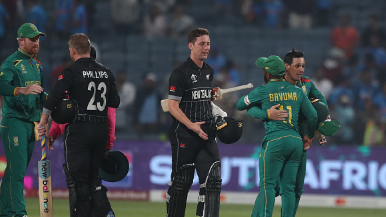 South Africa dethrone India to revive Pakistan's semi-final hopes as New Zealand's NRR takes massive hit South Africa team members celebrate their team's win over New Zealand during the ICC Men's Cricket World Cup 2023 match between South Africa and New Zealand at MCA International Stadium on November 01, 2023 in Pune, India. -- Getty Images
