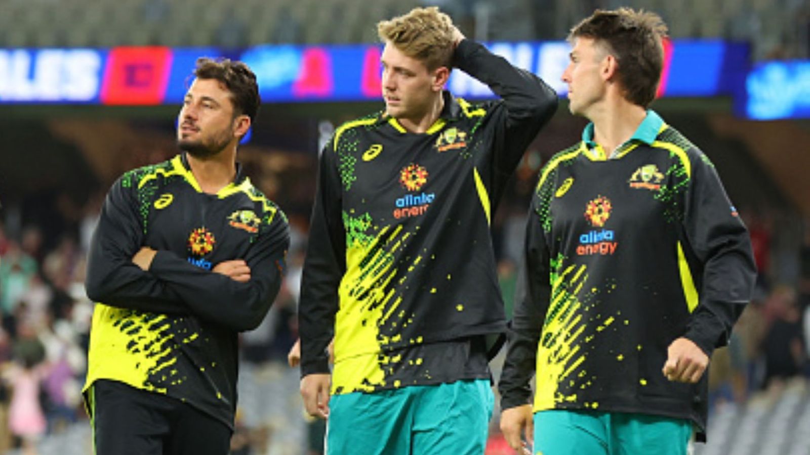After Glenn Maxwell's injury, another colossal blow for Australia as star all-rounder indefinitely ruled out of World Cup Tim David, Marcus Stoinis, Cameron Green and Mitch Marsh of Australia walk off the ground after their loss during game one of the T20 International series between Australia and England at Optus Stadium on October 09, 2022 in Perth, Australia.