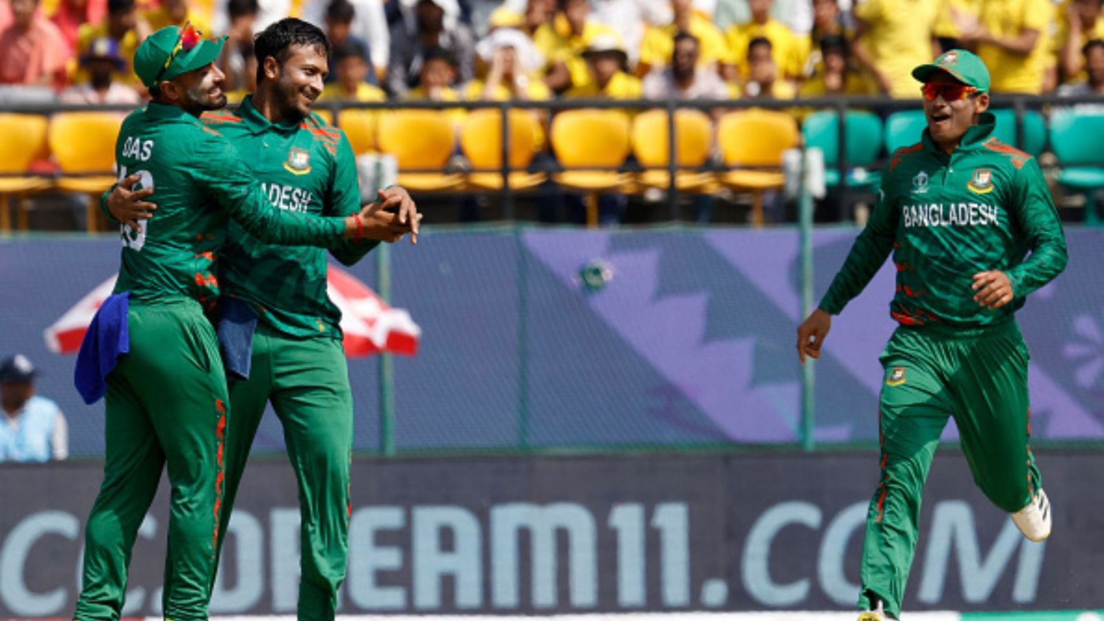 'Family emergency' forces star Bangladesh batter to leave ODI World Cup midway Shakib Al Hasan of Bangladesh celebrates with Litton Das of Bangladesh after taking the wicket of Najib Zadran of Afghanistan during the ICC Men's Cricket World Cup India 2023 between Bangladesh and Afghanistan at HPCA Stadium on October 07, 2023 in