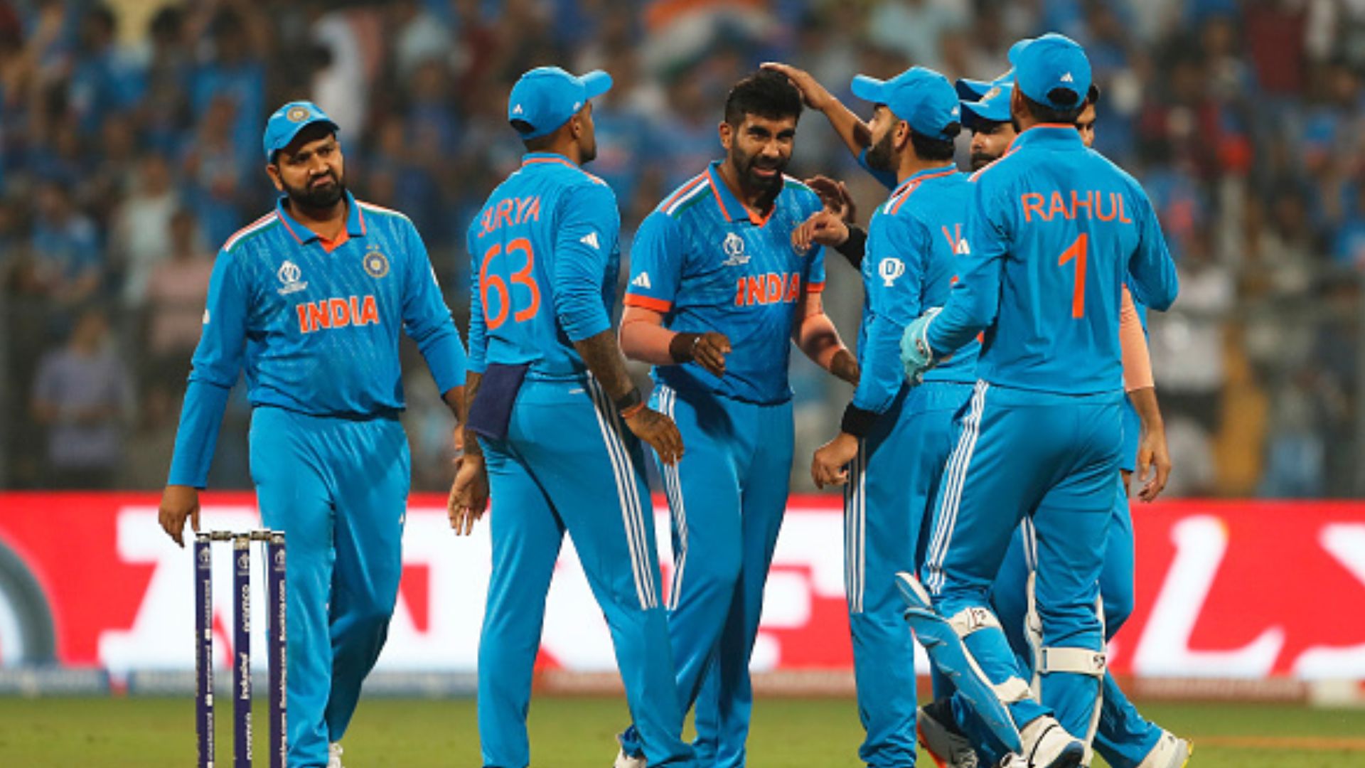 Ex-Pakistan star accuses Team India of foul play, calls for probe, says 'BCCI, ICC giving different balls to Indian bowlers' India's Jasprit Bumrah (centre) celebrates the wicket of Pathum Nissanka of Sri Lanka during the ICC Men's Cricket World Cup India 2023 between India and Sri Lanka at Wankhede Stadium on November 02, 2023 in Mumbai, India. (Getty)