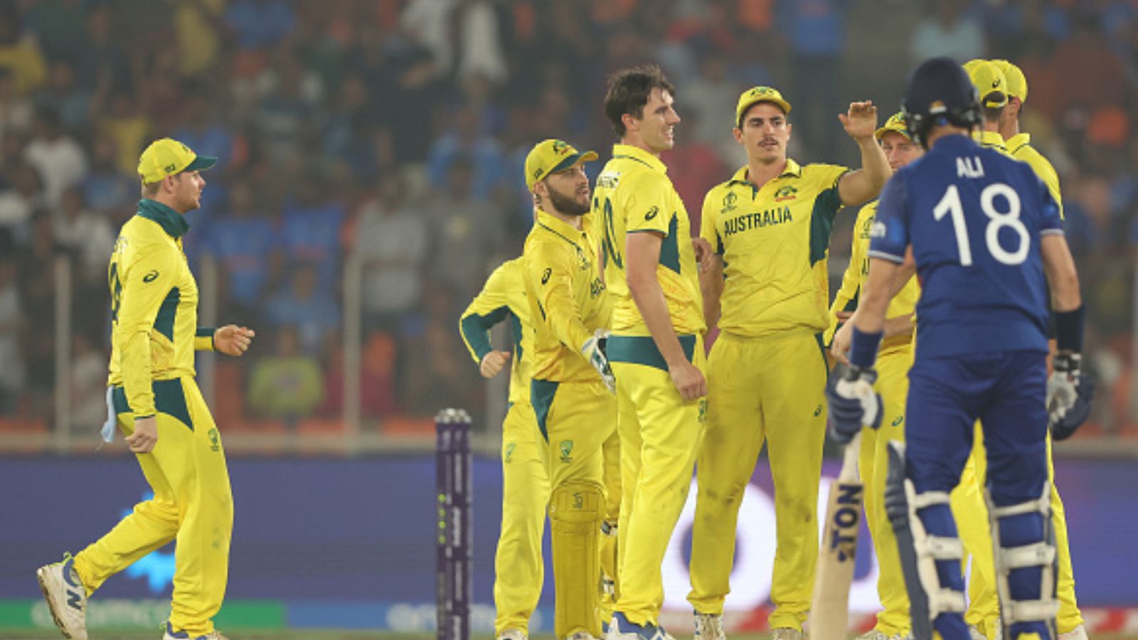 Maxwell, Marsh-less Australia inch closer to semifinals with 33-run victory over England as Champions Trophy ouster looms large on Buttler's men Australia's Pat Cummins (centre) celebrates the wicket of Liam Livingstone of England during the ICC Men's Cricket World Cup India 2023 between England and Australia at Narendra Modi Stadium on November 04, 2023 in Ahmedabad, India. (Getty)