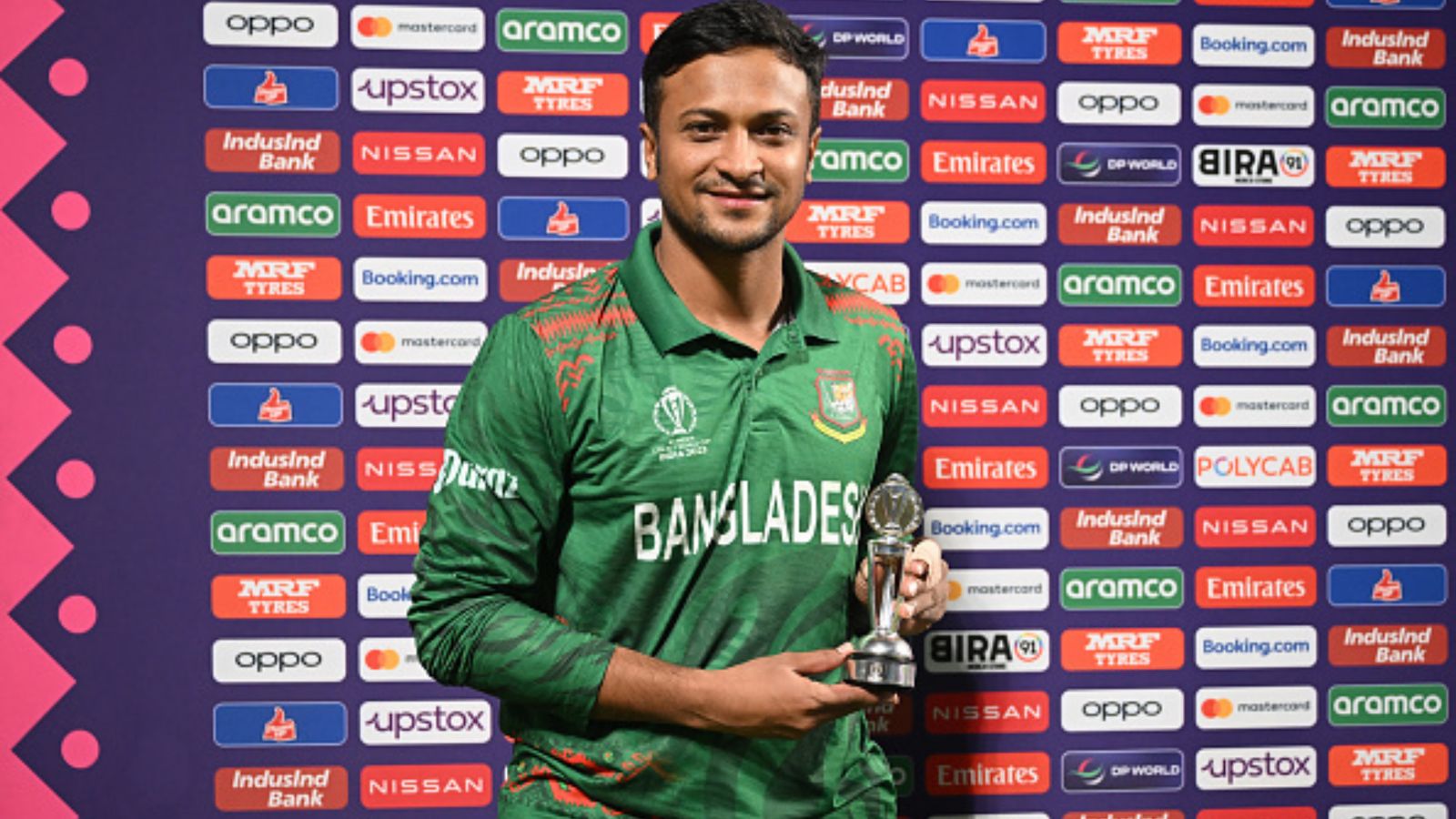 'I'll be careful. This doesn't happen to me': Bangladesh skipper Shakib Al Hasan takes sly dig at Angelo Mathews after 'timed out' uproar Bangladesh captain Shakib Al Hasan poses after being named Player of the Match in their ODI World Cup match against Sri Lanka.