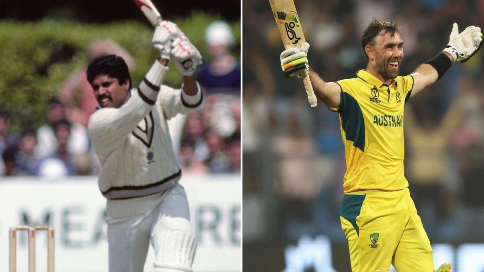 Glenn Maxwell's innings compared to Kapil Dev and his 175 vs Zimbabwe by Ravi Shastri: 'Reminds me of Kaps of 83' (L) Kapil Dev batting to 1758 VS Zimbabwe; (R) Maxwell smashing 201* vs Afghanistan