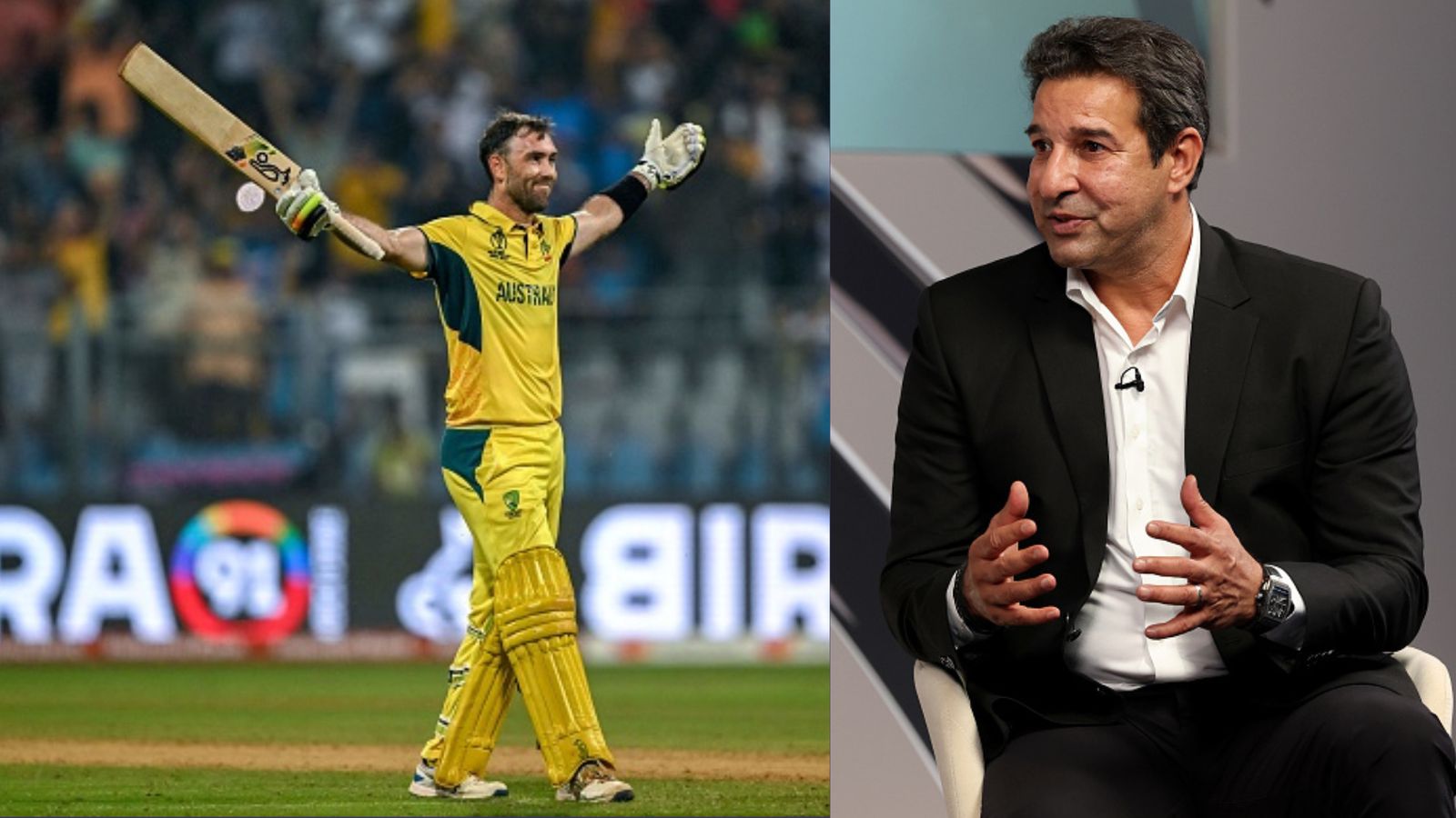 'Maxwell proved one guy can't win you a game is an absolute lie': Wasim Akram heaps highest praise on Australia's saviour (L) Glenn Maxwell celebrates his double century and Australia's win over Afghanistan; (R) Wasim Akram file picture