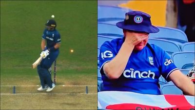 Watch: Joe Root nutmegs himself into getting bowled with bizarre incomplete ramp shot, England fan's reaction goes viral An England cricket fan reacts to Joe Root getting bowled by Logan van Beek (Screengrab: Hotstar)