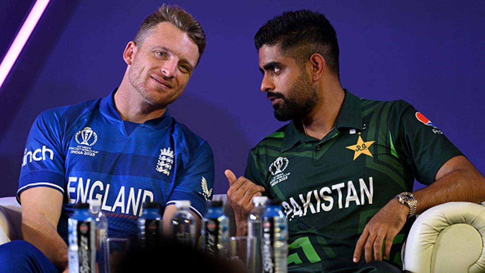Jos Buttler issues warning to Babar Azam's Pakistan, says 'At the end of a disappointing tournament...' Jos Buttler and Babar Azam at an event before World Cup 2023 (File Photo: Getty Images)