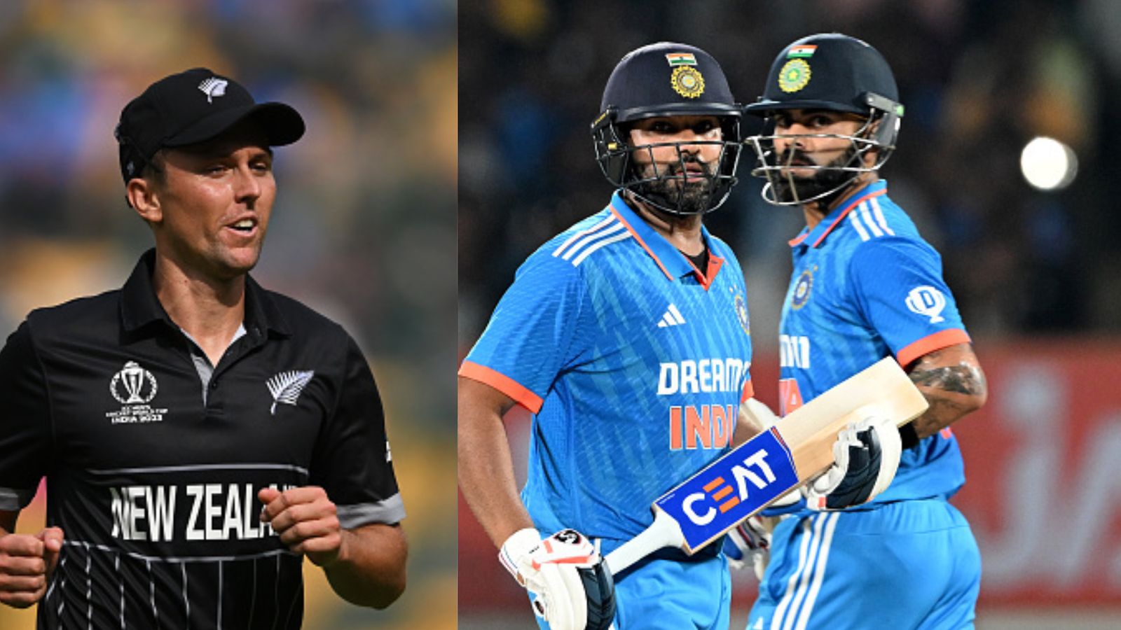 'Time will tell...': Trent Boult warns Rohit Sharma & Co ahead of possible New Zealand vs India semifinal clash New Zealand's star pacer Trent Boult (left) and India's batting maestros Rohit Sharma and Virat Kohli in this frame. (Getty)