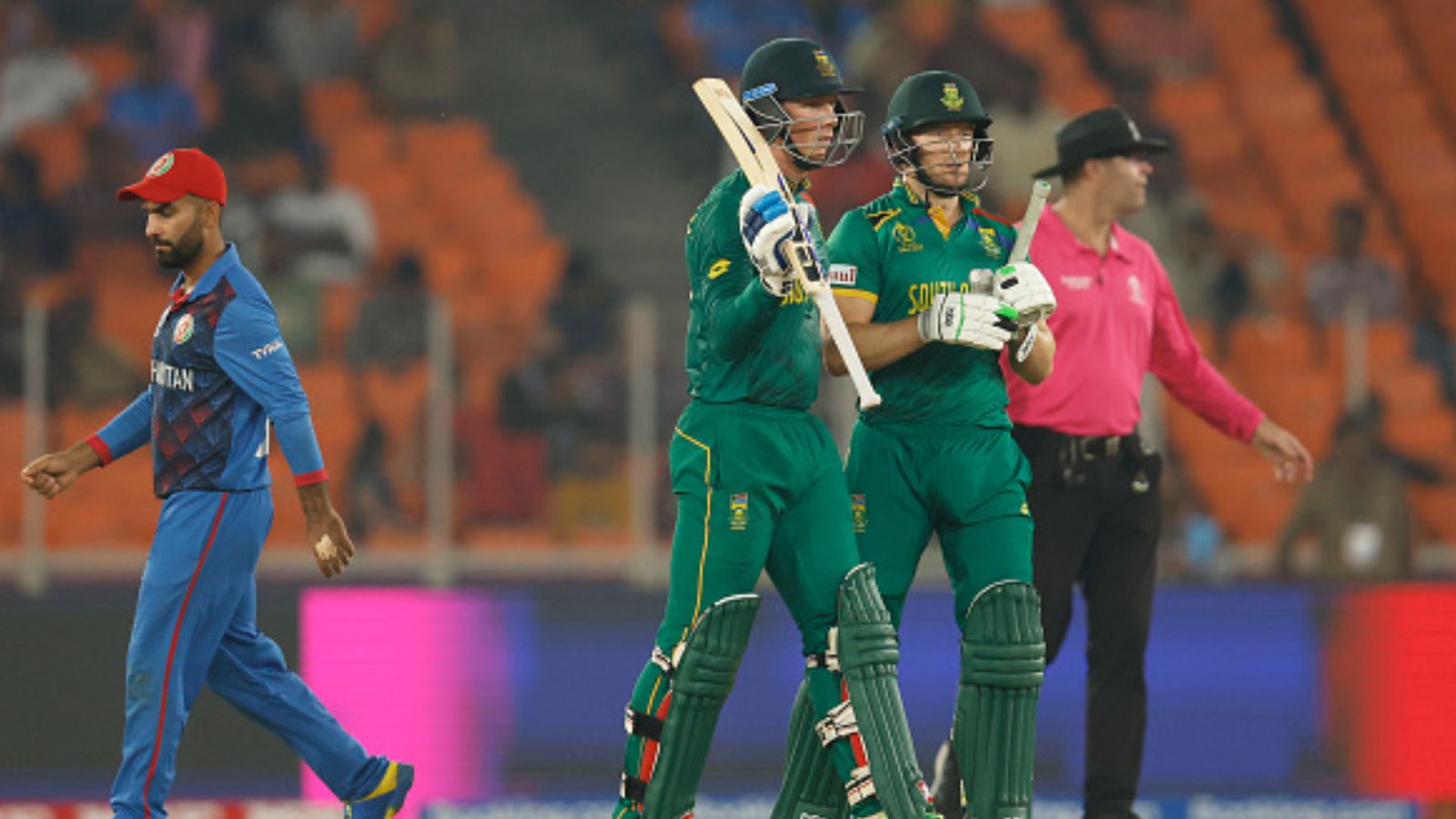 SA vs AFG: South Africa push aside Afghanistan to end league campaign with close five-wicket to meet Australia in semis South Africa's Rassie van der Dussen (left) celebrates his half century during the ICC Men's Cricket World Cup India 2023 between South Africa and Afghanistan at Narendra Modi Stadium on November 10, 2023 in Ahmedabad, India. (Getty Images)